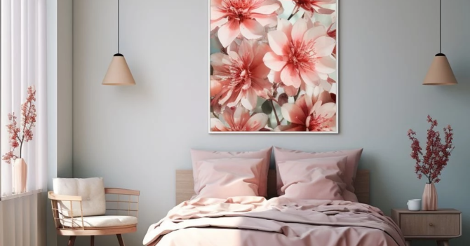 Картина с цветами в интерьере спальни