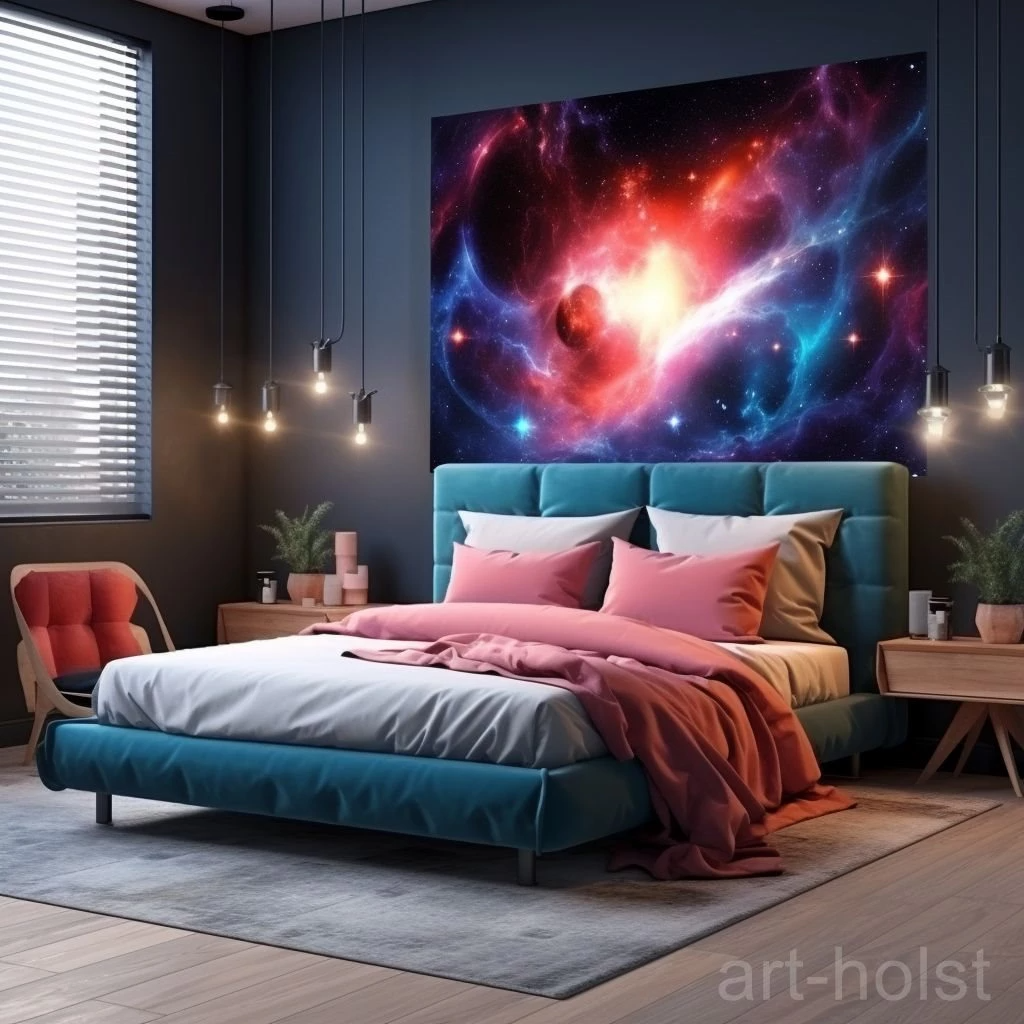 Большая картина с космосом в интерьере спальни